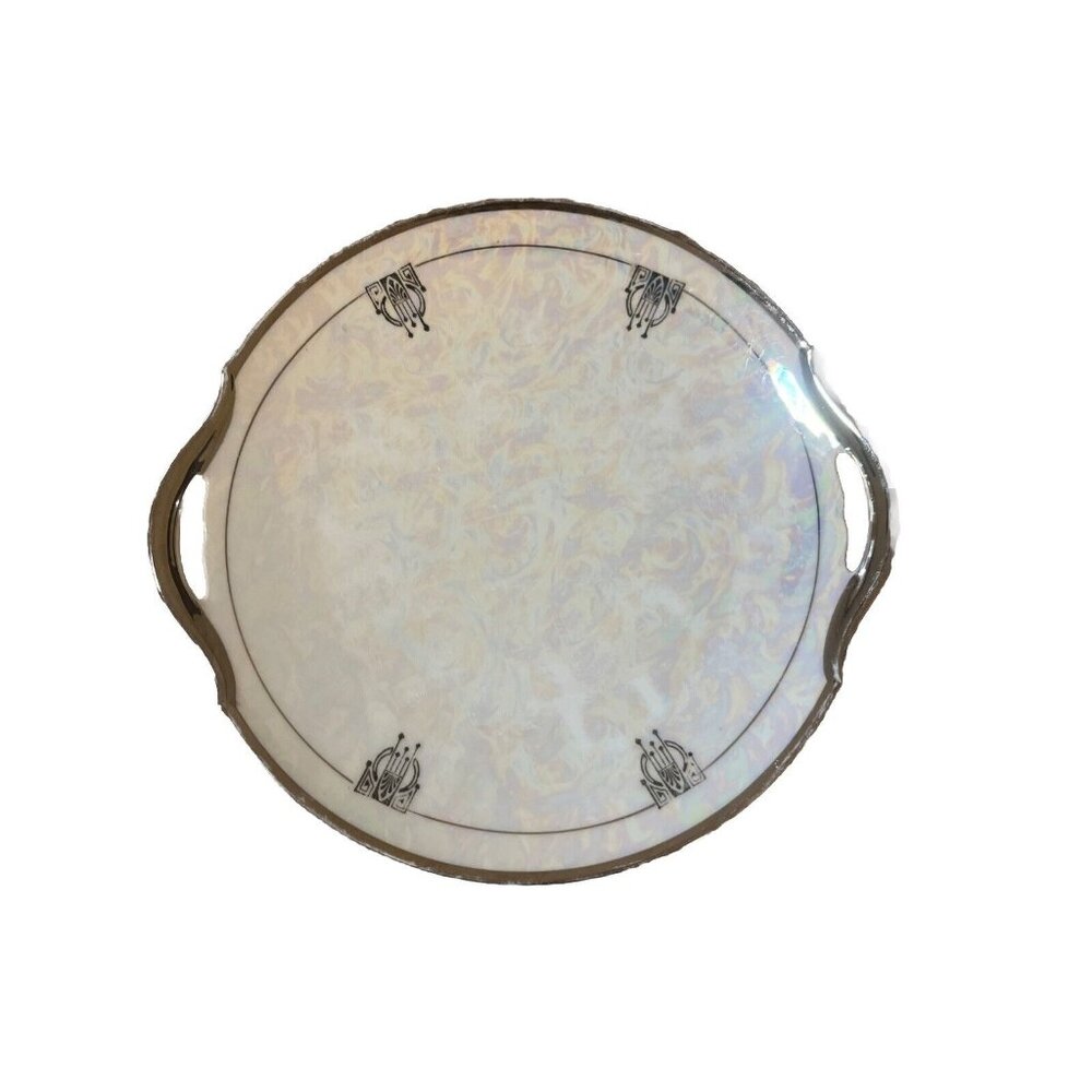 Vintage Bavaria Tirschenreuth Iridescent Plate with Handles And Silver Trim 10in